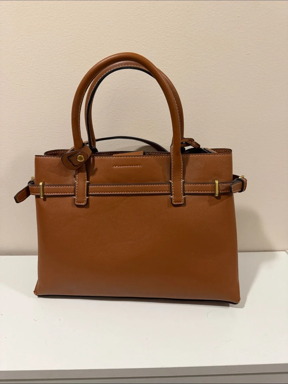Mango Cognac Leather Satchel with Gold Hardware